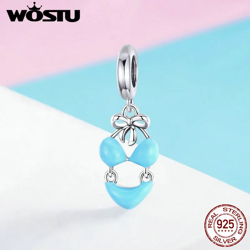 WOSTU, сексуальное бикини для девушек, Висячие очаровательные 925 пробы Серебристые синие эмалированные бусины, подходят к оригинальному браслету, сделай сам, изготовление ювелирных изделий, FIC1157