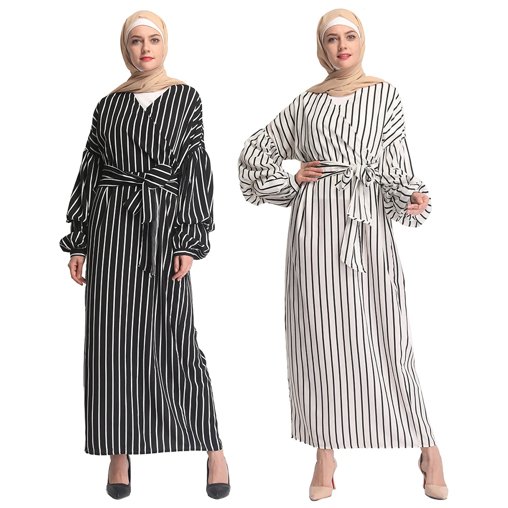 Повседневные мусульманские полосатые платья Abaya кардиган кимоно длинное платье