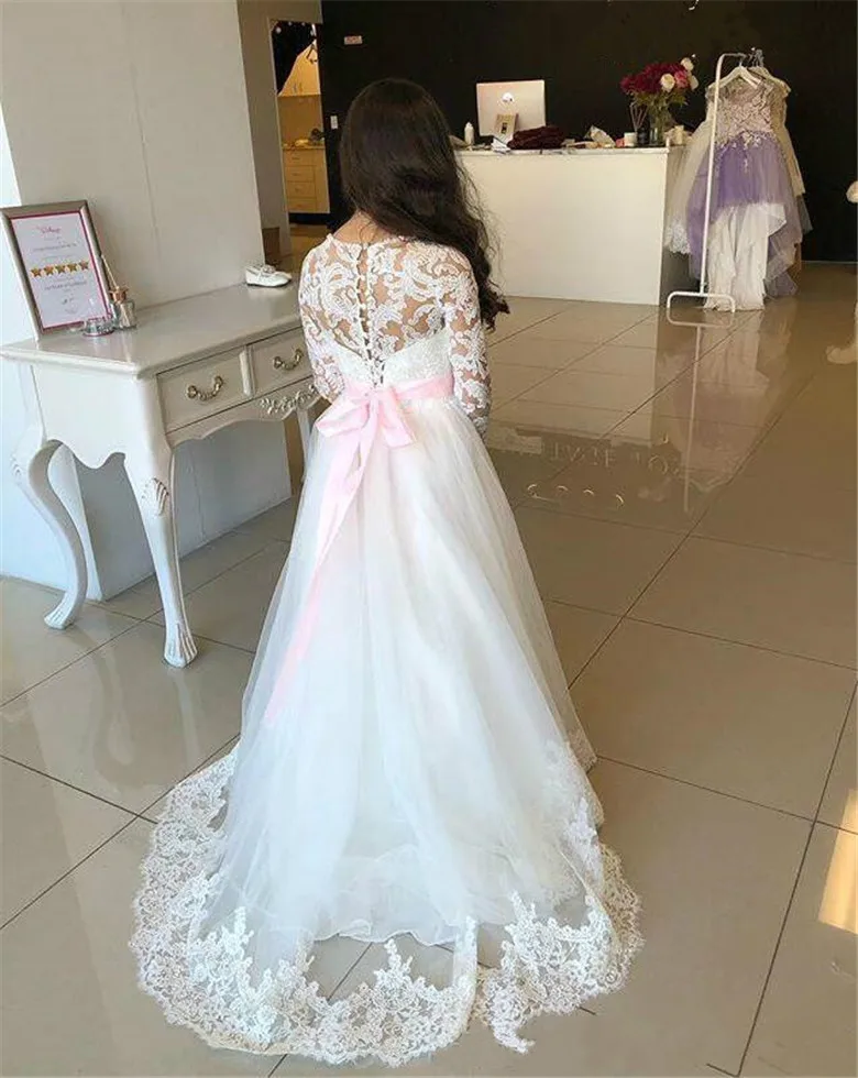 New Long Flower Girl Dress For Wedding White Lace Pink Belt Full Sleeves Princess A-Line First Communion | Детская одежда и обувь