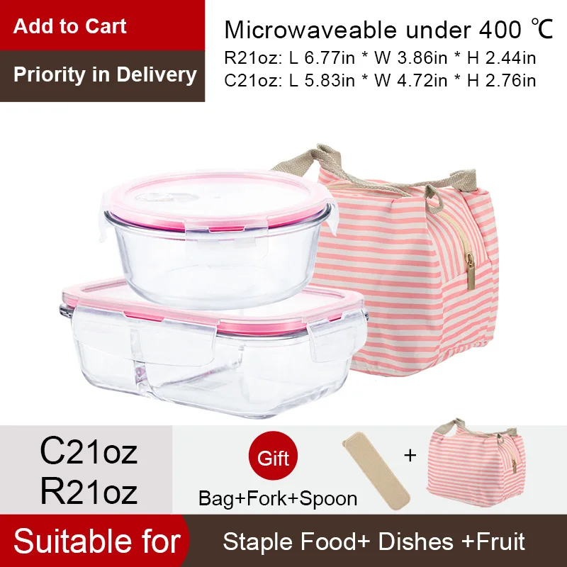 C21oz-R21oz-Pink Bag Здоровый материал Ланч-бокс 3 отделения коробки микроволновая посуда контейнер для хранения еды Ланч-бокс стеклянный контейнер - Цвет: C21oz-R21oz-Pink Bag