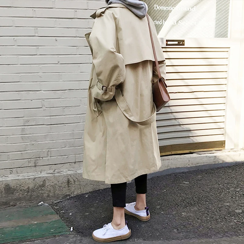Korean Style Side Split Women's Trench Coat Autumn Winter Double Breasted Khaki Sahses Loose Trench Overcoat Windbreaker