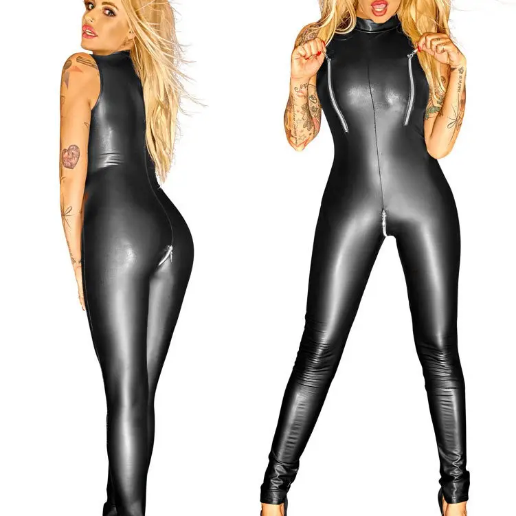 

Women Black PVC Leather Catsuit Costume Sexy Zipper To Crotch Bodysuit Sexy Dance Clubwear Leather Jumpsuit Dance Wear M-XXL