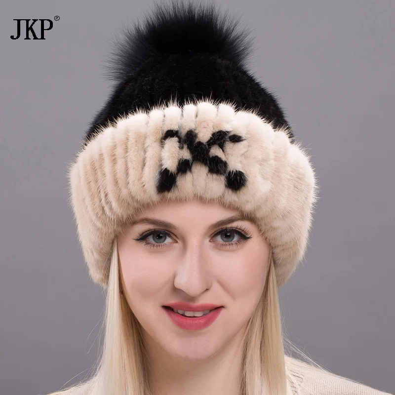 Шапка из натурального меха норки шапка ручной вязки мрамора женская теплая