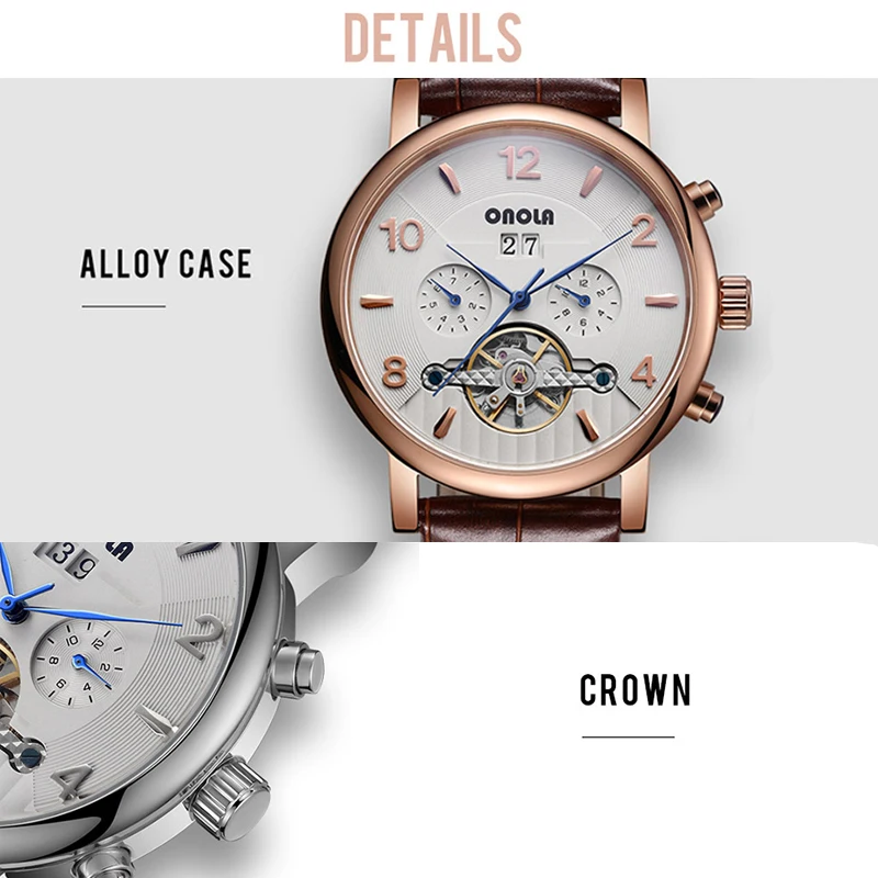 ONOLA Moon phase Топ бренд автоматические механические часы турбийон выдалбливают