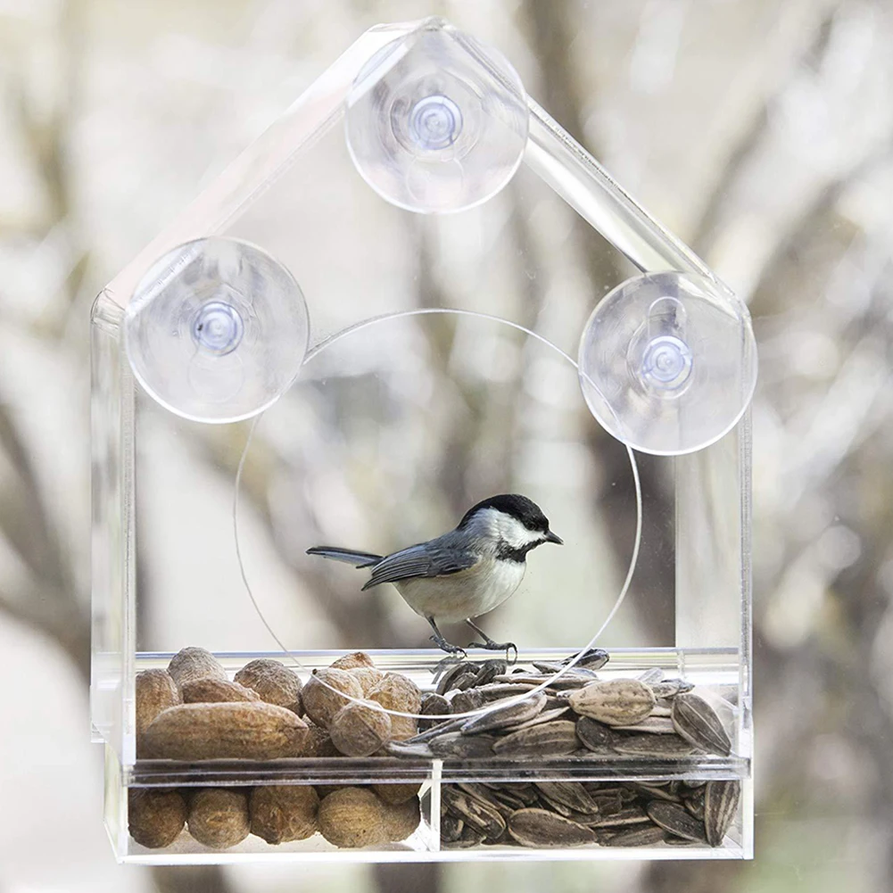 Bird Feeder Transparent Acrylic Adsorption Type House Shape Innovative Suction Cup Feeder