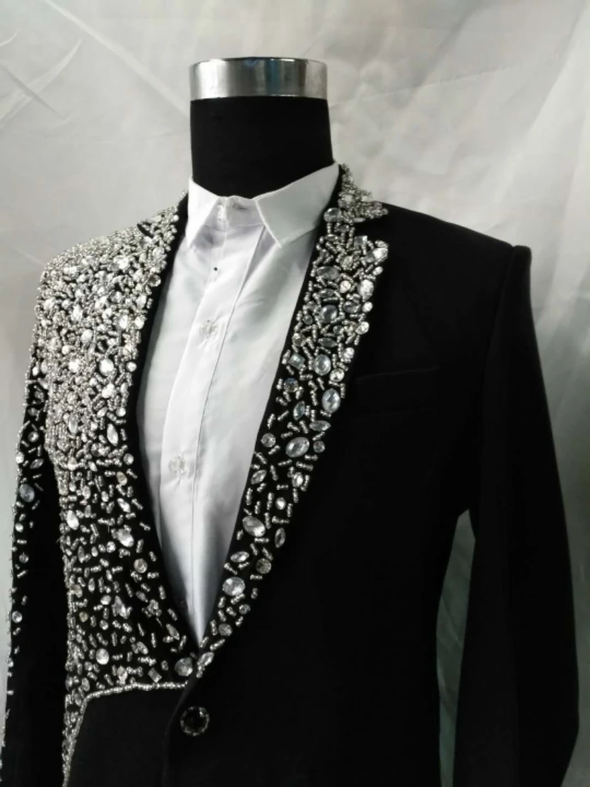 luxury customs making rhinestone beading sewing black beading magician/stage jacket club/show/red carpet/tuxedo jacket