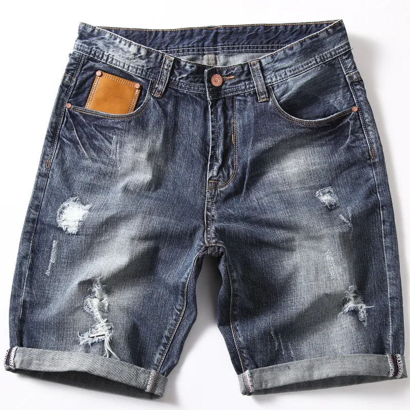 

2019 Summer New Men's Denim Shorts Fashion Slim Fit Elastic Cotton Blue Wash Ripped Jeans Male Brand Clothes