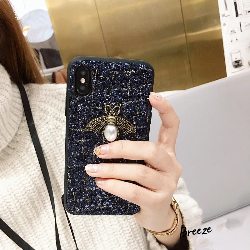 2018 Tide роскошный чехол с пчелами для iPhone X 10 Блестящий клетчатый узором шеей