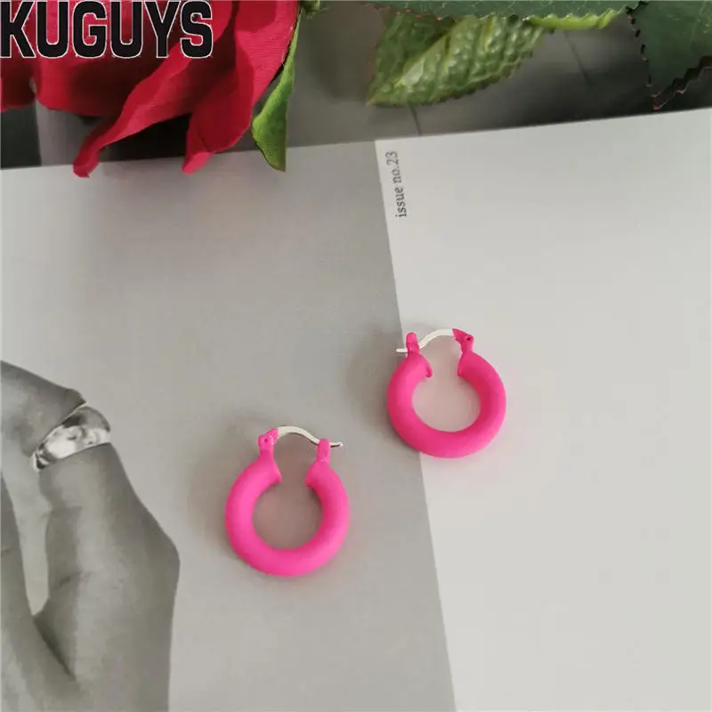 2CM HOT PINK KUGUYS высокое качество 5 цветов Неоновые Круглые серьги-кольца для женщин модные ювелирные изделия матовые металлические серьги модные вечерние аксессуары - Окраска металла: 2CM HOT PINK