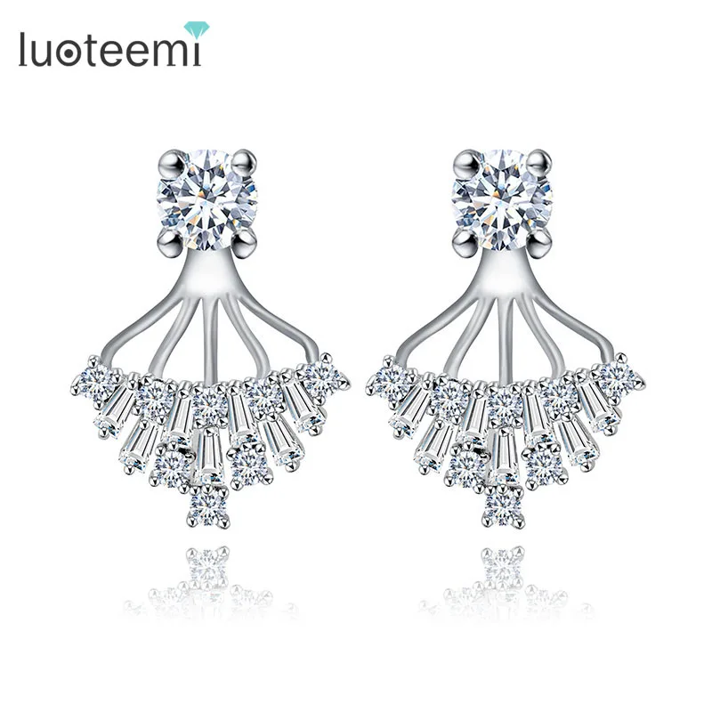 

LUOTEEMI New Sparkling AAA Cubic Zirconia Ear Jacket Stud Earrings for Women Double Sided Bijoux Jewelry Wholesale