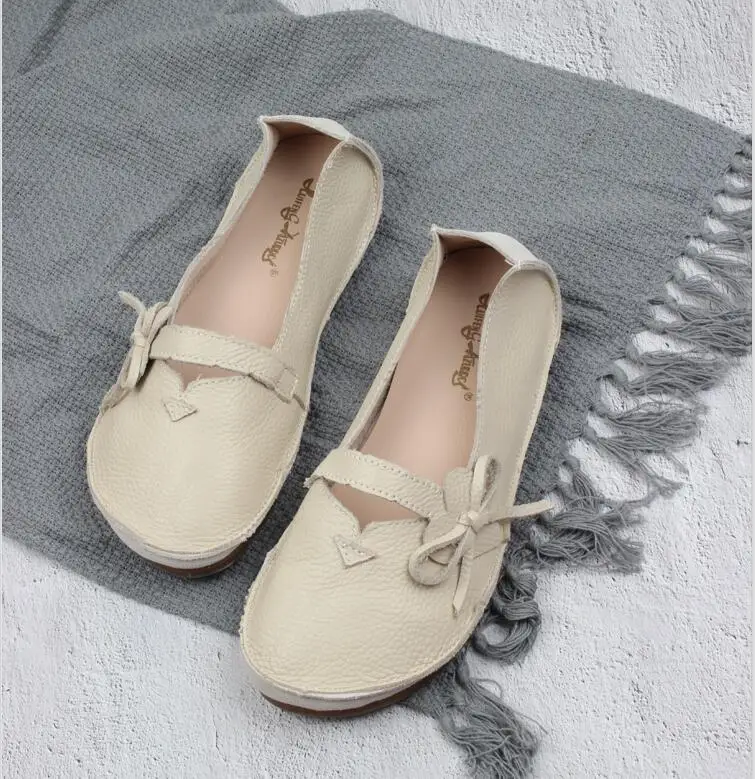 Beige White HUIFENGAZURRCS/обувь ручной работы в Корейском стиле; удобная мягкая подошва; кожаные и дышащие туфли на плоской подошве из натуральной кожи - Цвет: Beige White