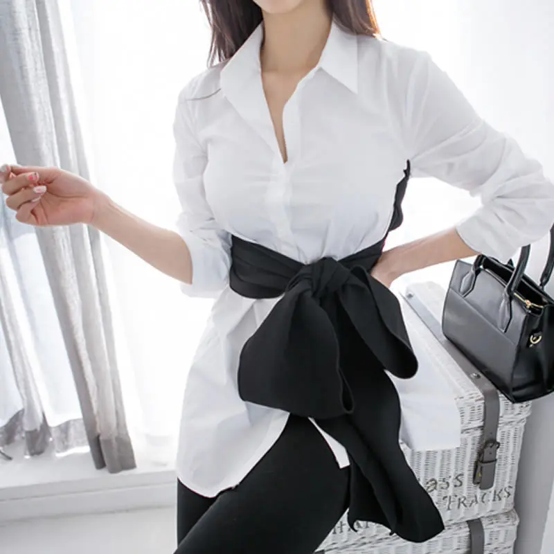 Женская блузка с отложным воротником VGH Корейская длинными рукавами и бантом в