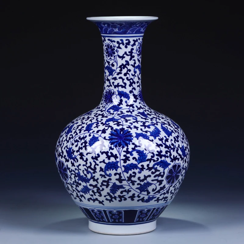 Ваза с цветочным орнаментом антикварная синяя и белая фарфоровая ваза лотосом