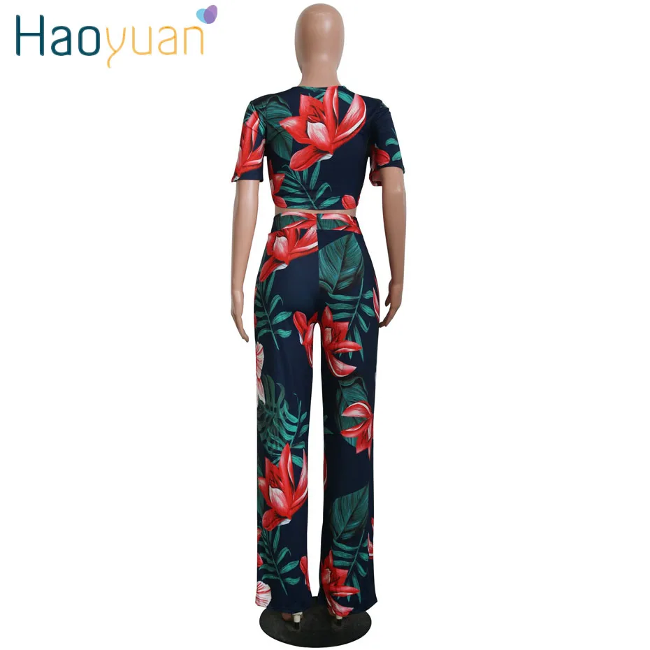 HAOYUAN, летняя одежда для женщин, комплект из 2 предметов, укороченный топ и широкие штаны размера плюс, сексуальная клубная одежда, комплект из двух предметов
