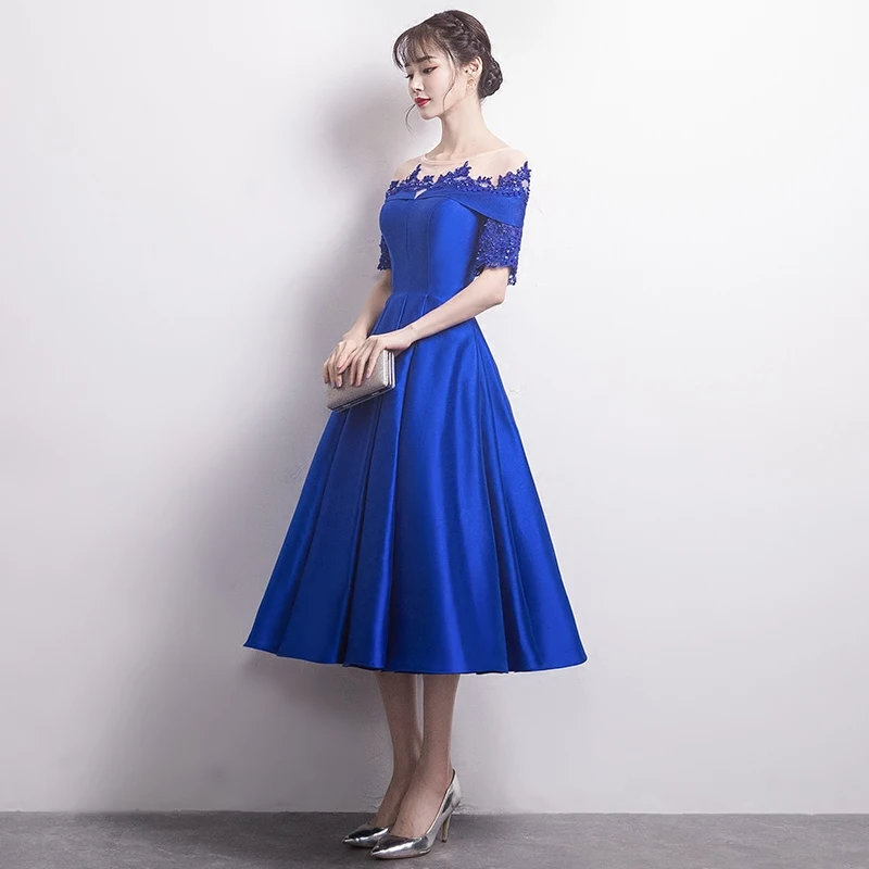 Распродажа элегантное вечернее платье синее с глубоким вырезом рукавами