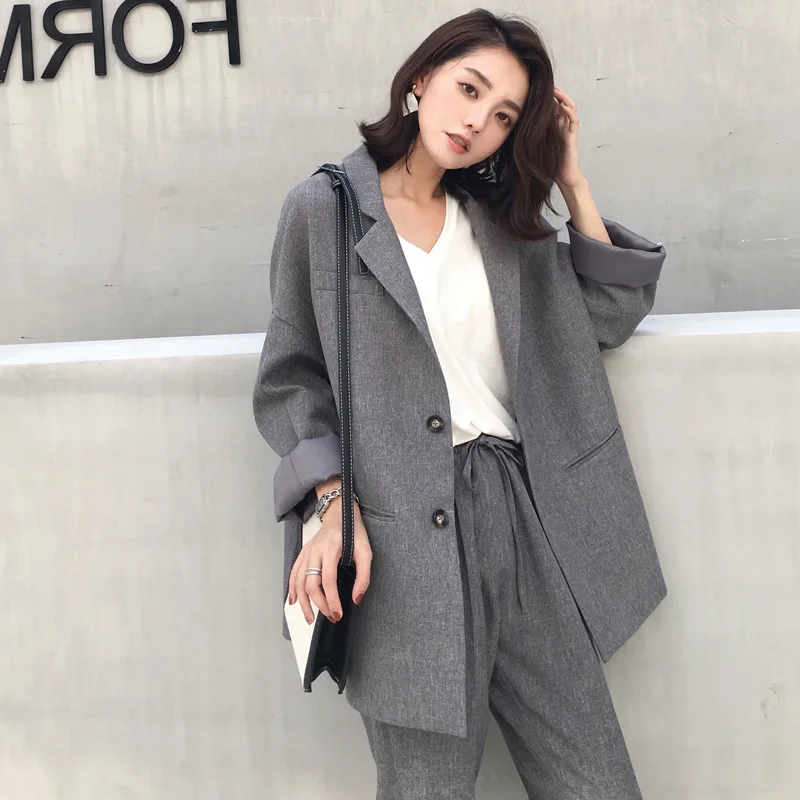 Suit female 2019 autumn new temperament casual loose long suit jacket trousers solid color elegant fashion two-piece set