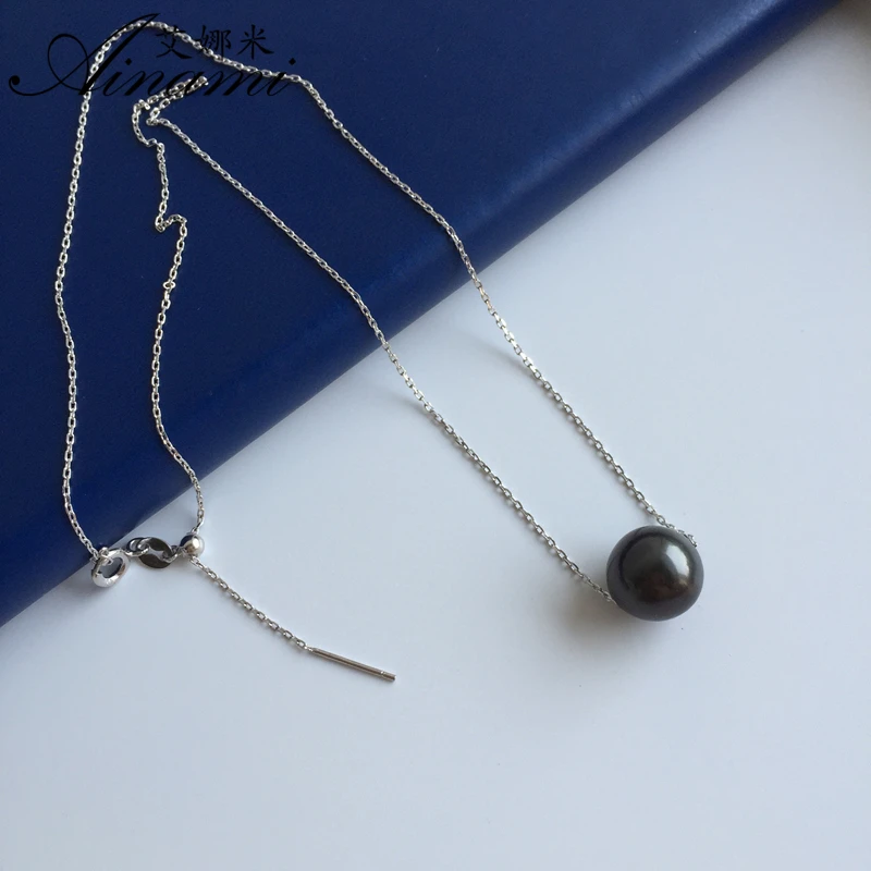 [Ainami] 9-10mm Black Tahitian Pearl Pendant 925 Sterling Silver Jewelry Simple Necklace Brand Freeship | Украшения и аксессуары