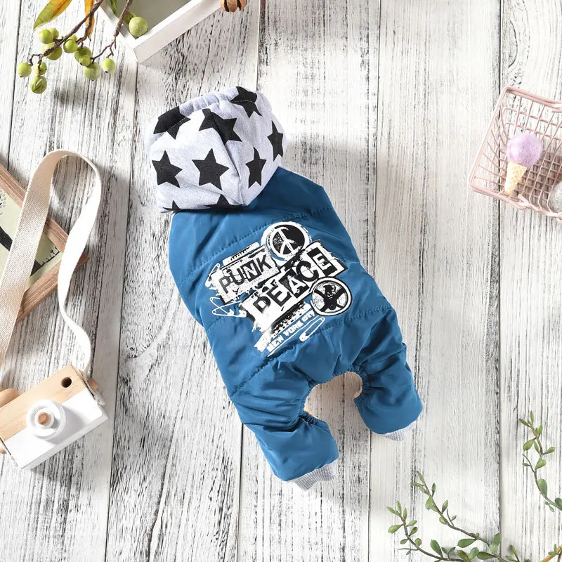 Winter New Arrivals Warm Dog Clothes with Five-pointed Star Printed Hit Color Four-footed Pet Jumpsuit for Small Dog Pug Clothes