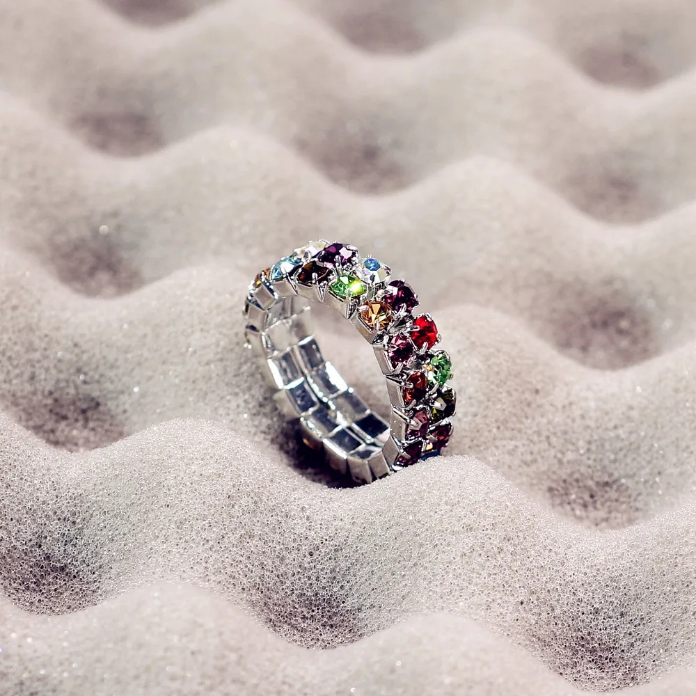 Эластичный 925 серебро с двумя рядами кристаллов Стразы на ремне кольцом для