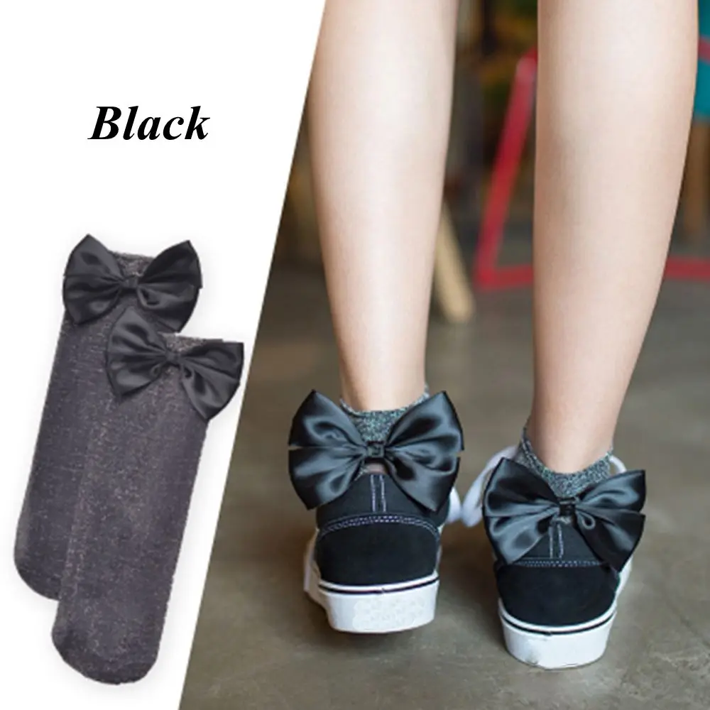 black 1 пара, повседневные, мягкие, блестящие, сетчатые, вязаные, с бантом, один размер, удобные, короткие, короткие, женские носки, 3 цвета - Цвет: black