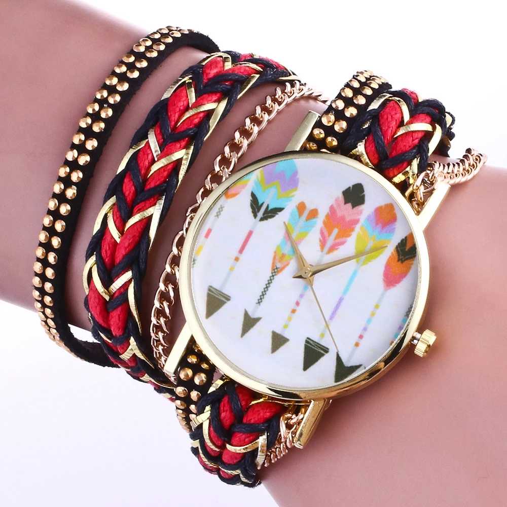 Золотые женские часы браслет с цветным циферблатом кожаным ремешком и