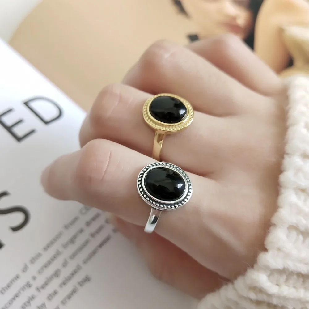 

Retro 1pc Authentic S925 Sterling Silver Fine Jewelry gold Oval Black agate Stone Ring Women's J260