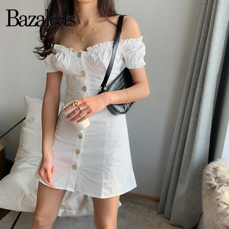 Bazaleas модное белое летнее платье для отдыха с открытыми плечами, женское платье с пуговицами в центре, эластичное мини-платье, Повседневное платье