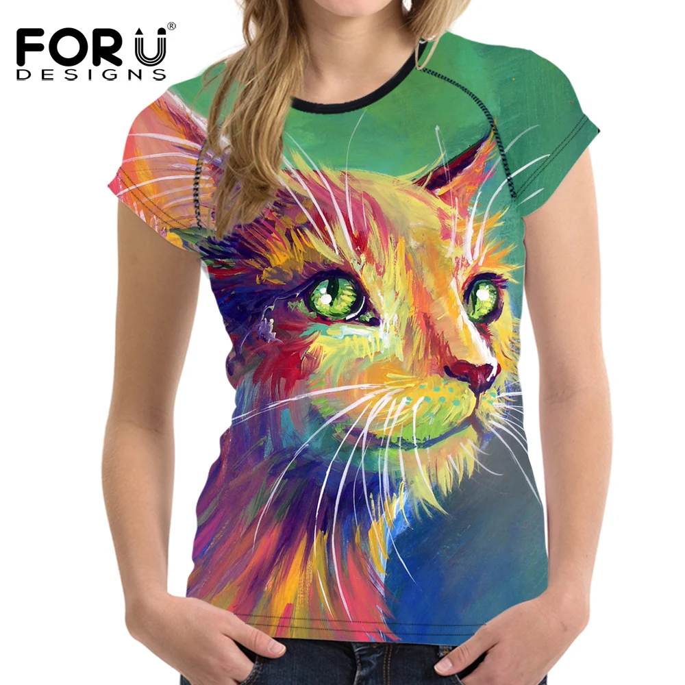 FORUDESIGNS/брендовая одежда женская футболка с 3D рисунком кота 2018 летние женские