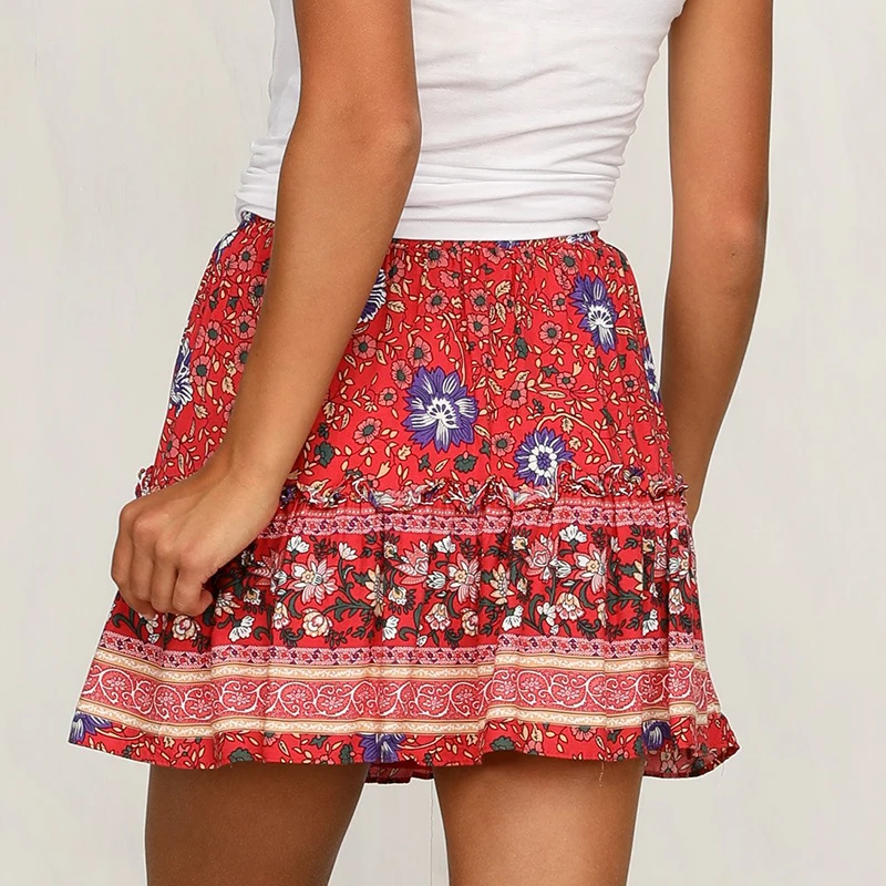 Sollinarry красные цветочные Boho шикарные женские юбки эластичная талия сексуальная