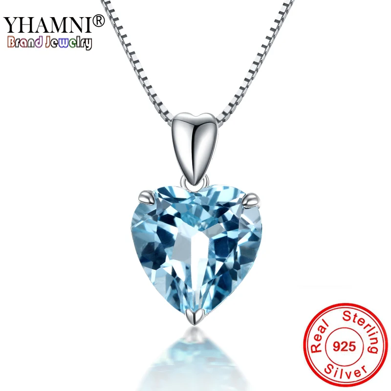 YHAMNI океан сердце кулон цепочки и ожерелья s для женщин Синий Кристалл Rhinestone Твердые 925 пробы Серебряный колье ювелирные изделия AD380