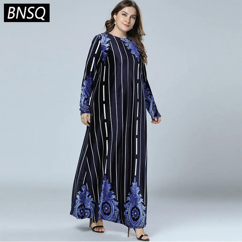 BNSQ Spring 2019 Stripe Patchwork Print Velet Dresses Navy Blue Long Sleeve Round Neck Maxi Dress Women Elegant Casual New | Женская