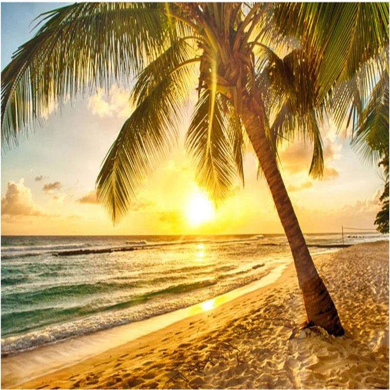 Обои на заказ с изображением Морского Пейзажа заката кокосовой пальмы пляжа|fresco