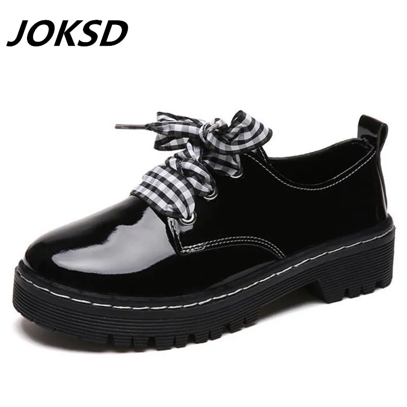 JOKSD/Классическая Брендовая обувь; женские повседневные Черные Туфли-оксфорды с круглым носком; женская обувь на плоской подошве; удобная женская обувь без застежки; броги; L228