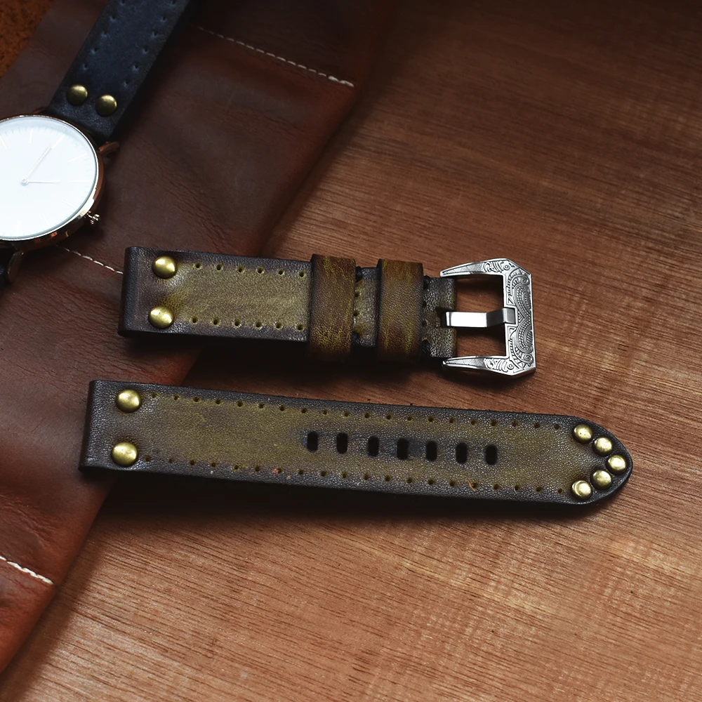 Handmade Vintage Genuine Leather Watchbands Red/Green/Black/Yellow Watchband Strap for Panerai Belt Carving Buckle18 20 22 24mm