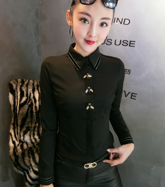 Dingaozlz Новинка весны женская одежда blusa feminina тонкий отложной воротник Корейский Леди Топы офис леди белая блузка рубашка - Цвет: black