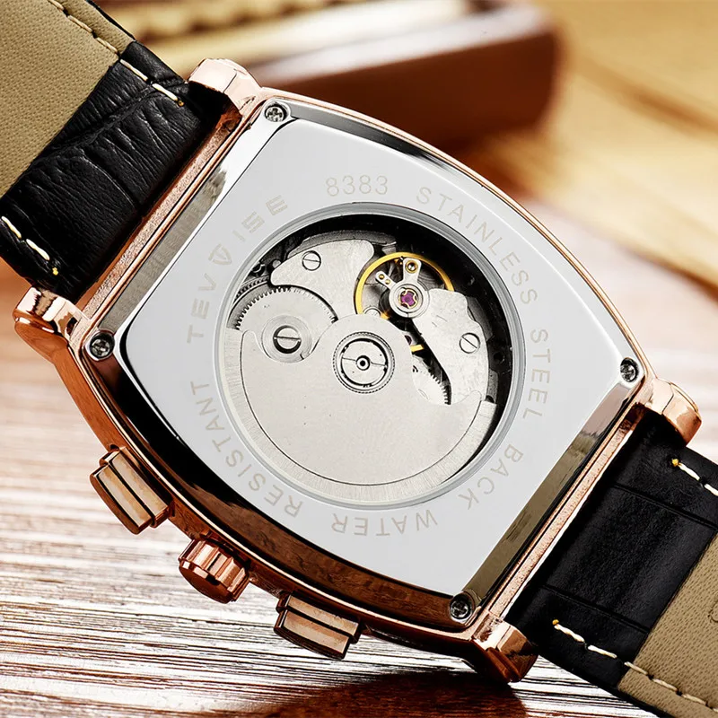 Мужские автоматические часы TEVISE механические Tonneau с циферблатом Moon Phase кожаным
