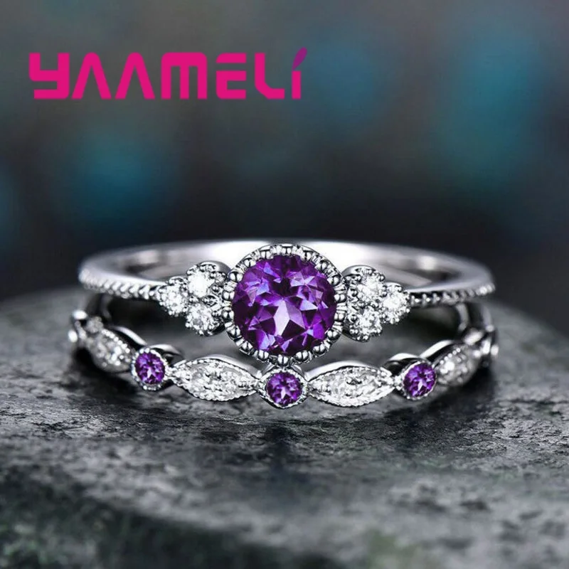 Purple 2 шт. 925 пробы серебряные кольца на кастет для женщин обручальные Роскошные CZ камень влюбленных палец кольцо подарки юбилей - Цвет основного камня: Purple