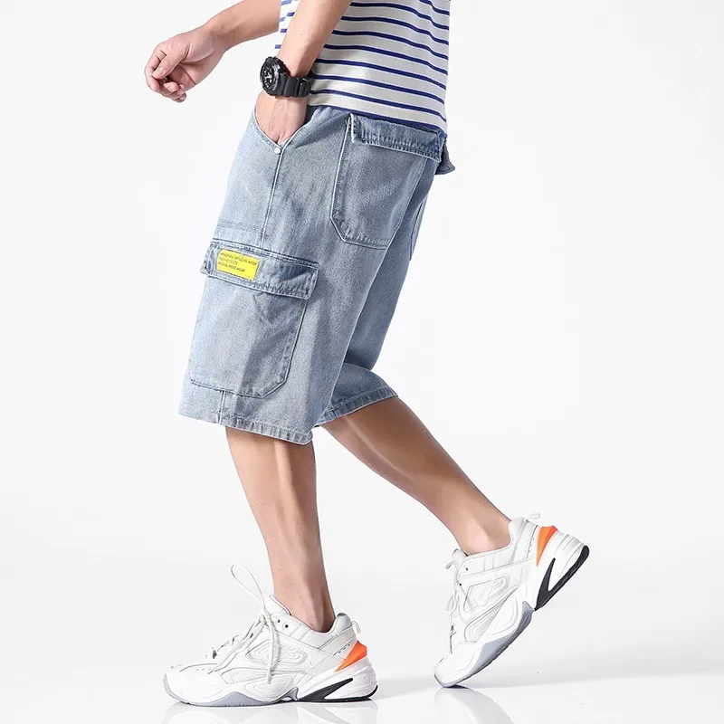 

Men 2019 Summer New Denim Pockets Cargo Shorts Men Fashion Patchwork Knee Length Zipper Jeans Fashion Loose Fit High Quality 5XL