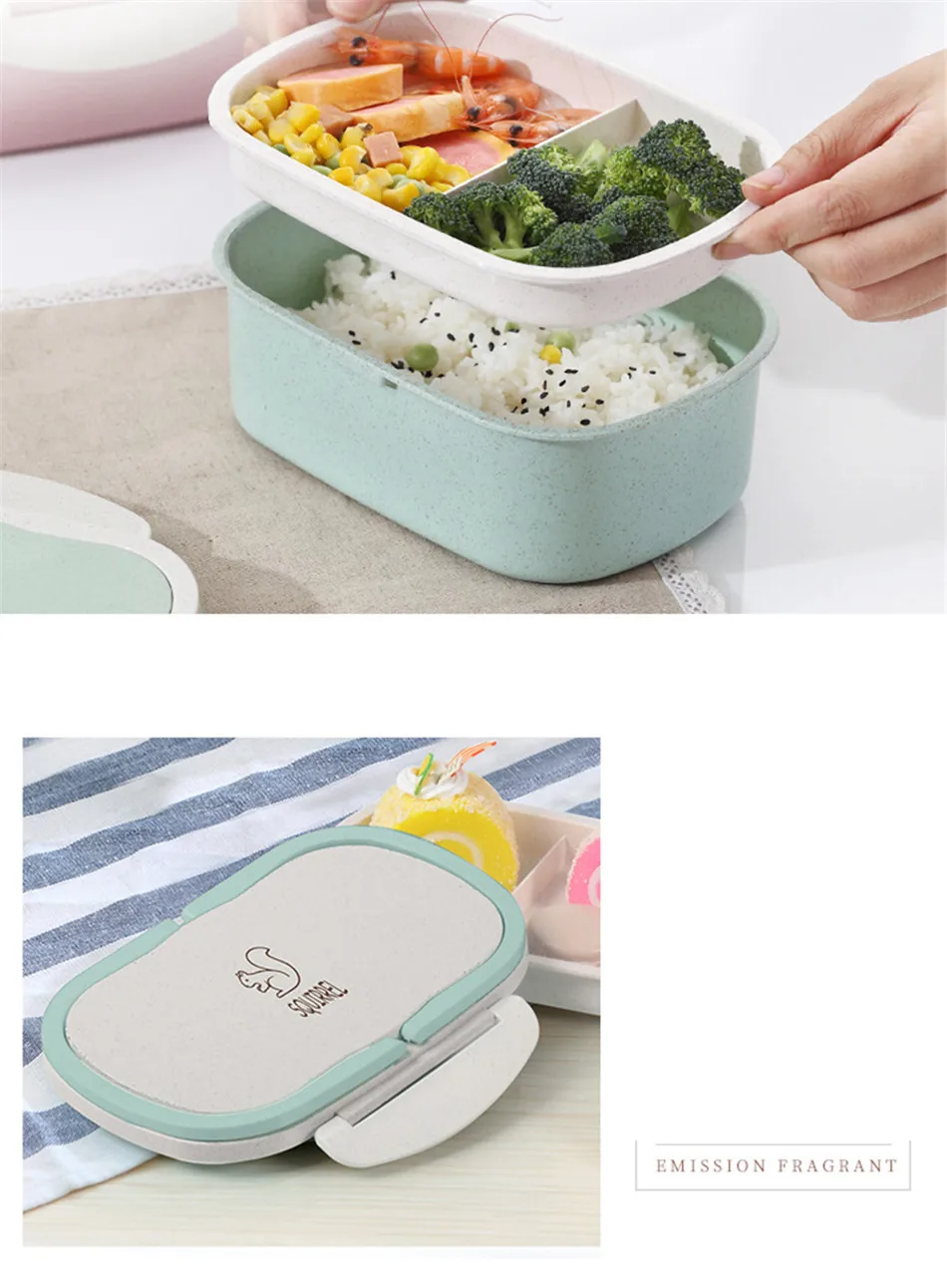 Baispo Microwavable ланч бокс Пшеничная солома мультфильм Bento коробка с ложкой Портативный контейнер для хранения еды для пикника офиса работы