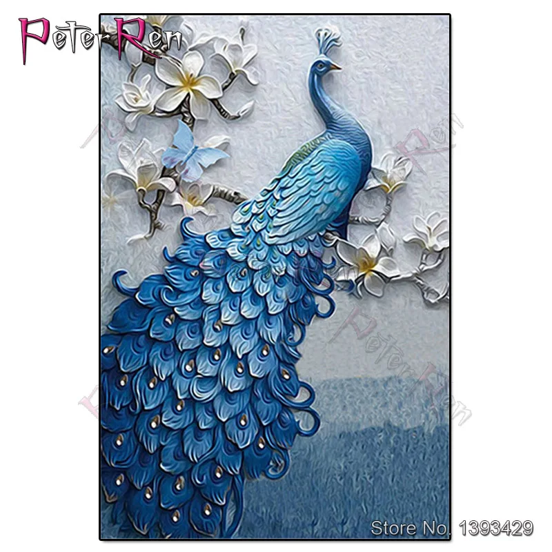 Алмазная картина синий павлин цветы вышивка рукоделие наборы с печатным