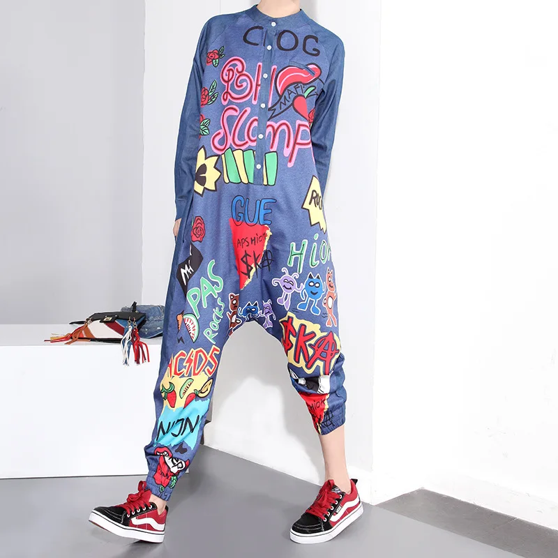2017 осень-зима Для женщин комбинезон Комбинезоны для малышек граффити хип-хоп с