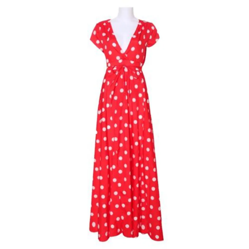 Женское богемное летнее пляжное длинное платье в горошек вечернее с v образным