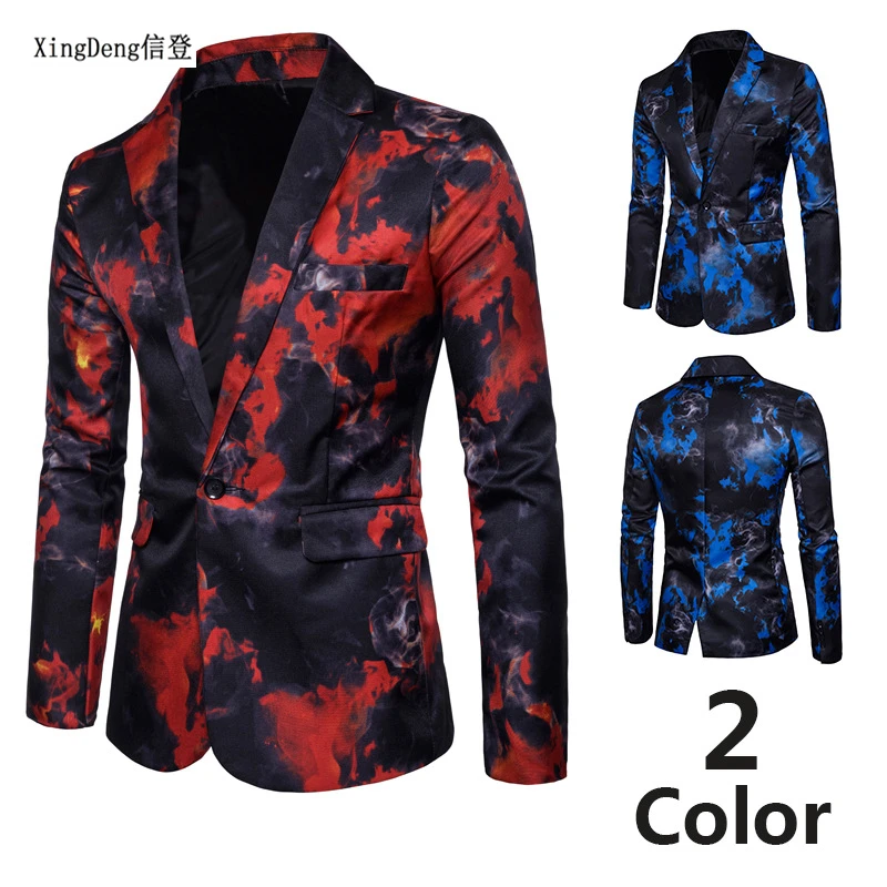 

XingDeng Casual Blazer Men Fashion Slim Fit Jacket Pattern Printed Blaser Homens Mens Blazer Personality Jacket red Blue m-3xl