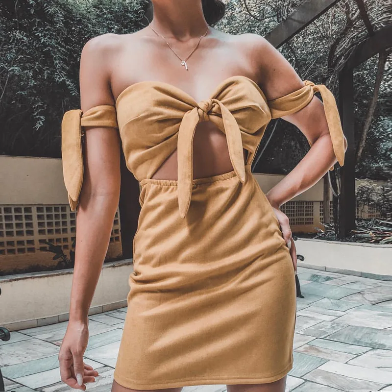 Пикантные без бретелек пляжное платье Лето Женщины Лук бинты Boho Платье