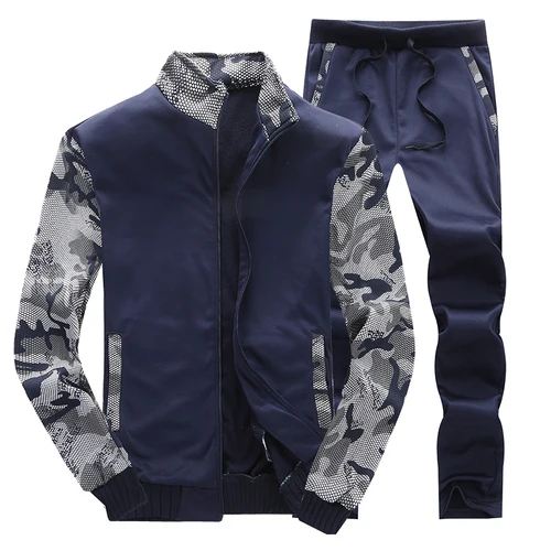 Navy blue Осень, мужская толстовка с длинными рукавами и брюки, классический Камуфляжный принт, мужской модный комплект, Размер 4XL - Цвет: Navy blue