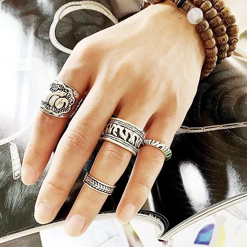 4pcs/Set Vintage Antique Silver Color Elephant Ring Set Ethnic Style Totem Leaf Lucky Rings for Women Boho Female Jewelry | Украшения и