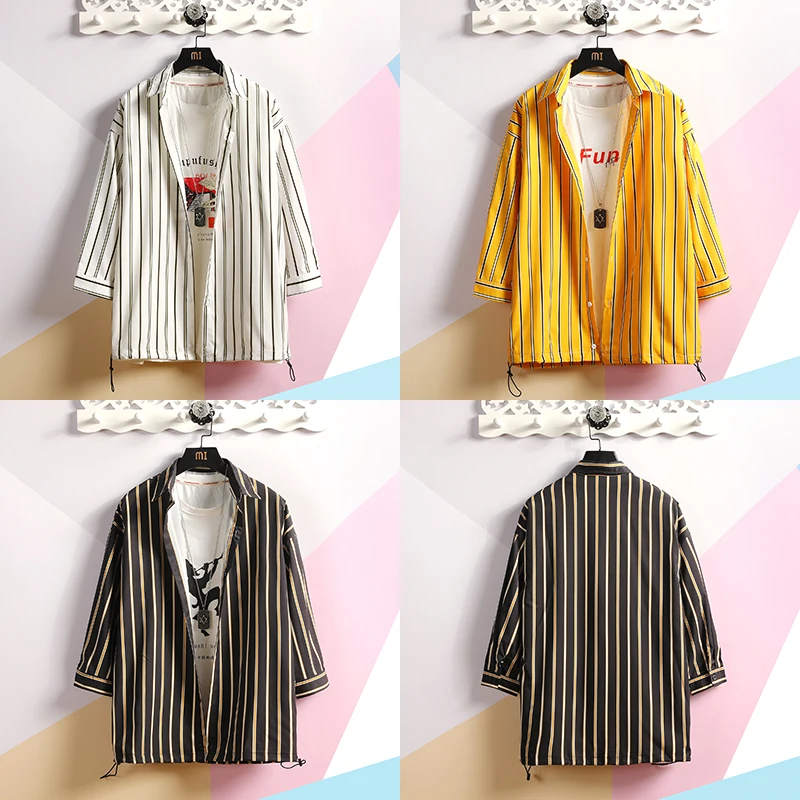 Mens three quarter sleeve black white striped shirt men streetwear regular fit casual Korean fashion dress xxxl 2019 summer CS45 | Мужская
