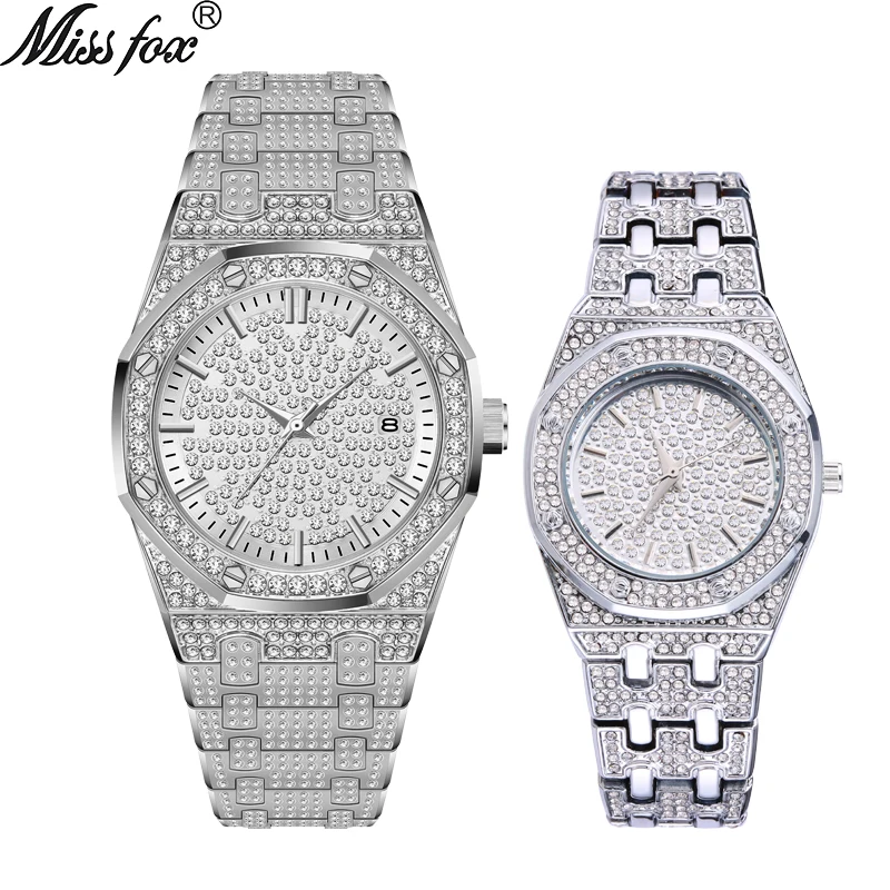 MissFox 18 К золото Iced Out Lab Dimaond люксовый бренд из нержавеющей стали Аналоговый