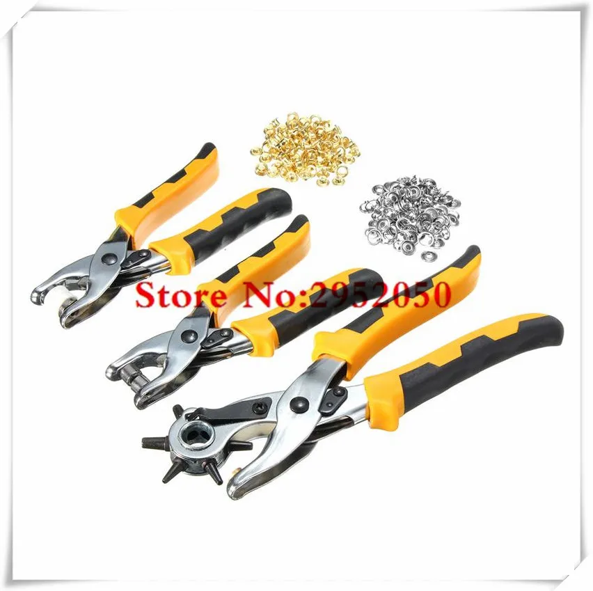 

3 in1 Leather Belt Hole Punch+ Eyelet Plier +Snap Button Grommet Setter Tool Kit Black+Yellow+Silver Steel+PVC Plastic Handle