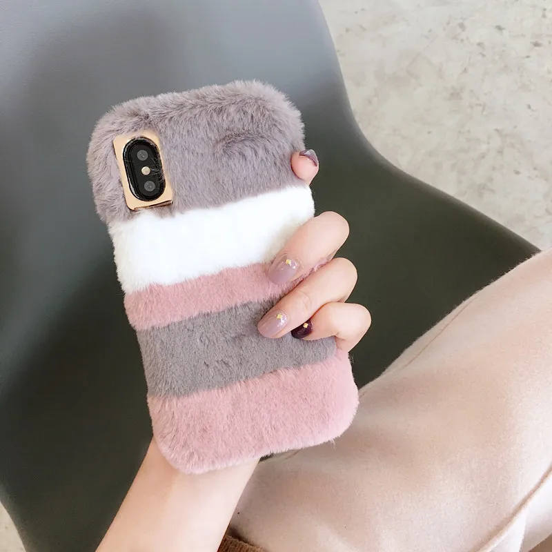 Splice Plush Phone Case For iPhone X XR XS Max Fluff Winter Cover 8 7 6S 6 Plus Cute Fashion Soft TPU Warm Cases | Мобильные